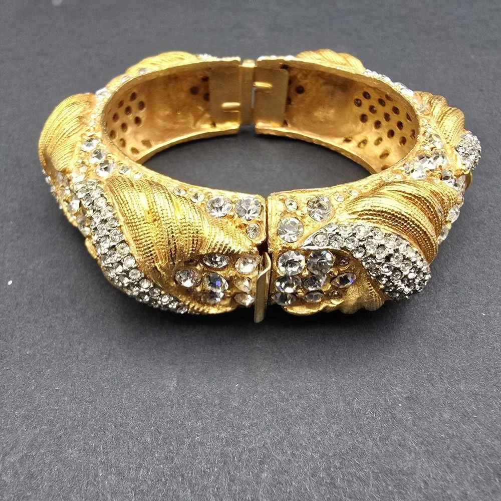 Vintage Cadoro Textured Gold Tone Wide Metal Bangle Bracelet Rhinestone Hinged